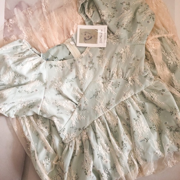 Dress Floral lace combo puff sleeve elegant womens green ruffle - Picture 16 of 16